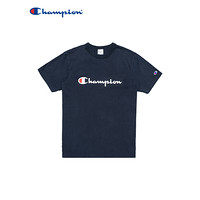 Champion 冠军情侣款夏季印花草写LOGO圆领短袖T恤男女 藏青色 L