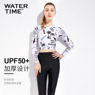 WATERTIME/蛙咚 分体泳衣女潜水服遮肚ins风泳装时尚显瘦温泉长袖速干游泳衣 椰树冲浪板印花两件套 XL