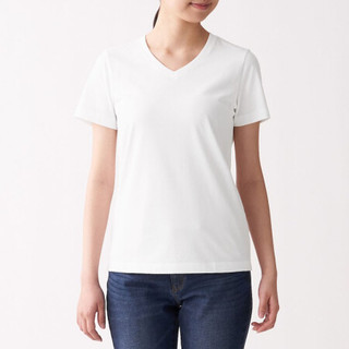 無印良品 MUJI 無印良品  女式 印度棉天竺编织 V领短袖T恤 白色 L