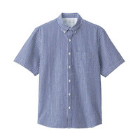 無印良品 MUJI 無印良品 男式 新疆棉泡泡纱条纹 纽扣领短袖衬衫 萨克森蓝 L