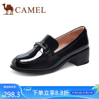 骆驼（CAMEL） 女鞋 百搭英伦银色马衔扣粗跟套脚浅口单鞋 A03893694 黑色 34