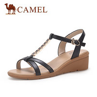 骆驼（CAMEL） 女鞋 简约大方牛皮金属装饰丁字扣带中跟凉鞋 A025046270 黑色 36