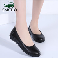 卡帝乐鳄鱼 CARTELO 女鞋坡跟圆头女单鞋平底舒适百搭时尚职业女士皮鞋工作鞋 KDLDX-2138 黑色 40/250(1.5)