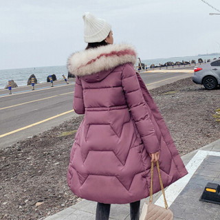 sustory 女装 2019年冬季加厚大毛领过膝保暖百搭时尚中长款棉服 QDsu400 粉红色 XL