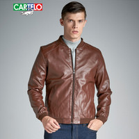卡帝乐鳄鱼 (CARTELO)皮衣男棒球领夹克2019年秋冬新款修身保暖皮外套休闲时尚棒球服潮 咖啡 M
