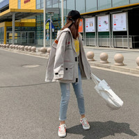 沫欣 风衣女2019秋冬新品时尚休闲印花拼接工装中长款显瘦百搭口袋大衣外套 YJC829A683Q 月岩色 XS