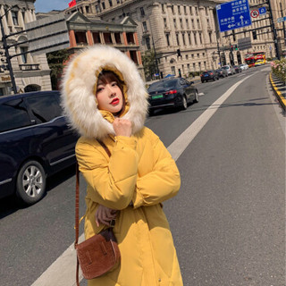 米兰茵（MILANYIN）女装2019新款冬季韩版中长款收腰过膝棉衣外套时尚百搭棉服 NYml379 黄色 XL