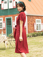 茵曼法式连衣裙夏装新款系带红色短袖波点复古赫本风中长裙女收腰