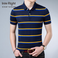 INTERIGHT 男款短袖针织衫 夏季半袖棉翻领条纹针织T恤休闲翻领polo衫男式上衣 藏青 2XL