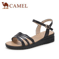 骆驼（CAMEL） 女士 时尚舒适牛皮一字扣带车缝线坡跟妈妈鞋 A025046276 黑色 37