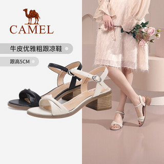 骆驼（CAMEL） 女鞋 时尚优雅牛皮车缝线粗跟凉鞋 A02027639 米白 37