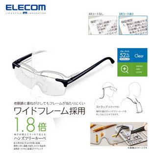 宜丽客（ELECOM）日本 防蓝光老年人便携头戴式放大镜眼镜 细工工作者 老花眼镜送爸妈 黑色柔软舒适扩大眼镜(1.8倍)