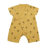 棉花堂 MHT3555 新生儿婴儿哈衣夏季衣服宝宝纯棉薄款爬服连体衣绉纱连体服 黄底猫咪 66cm