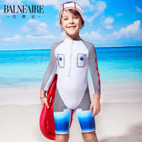范德安(BALNEAIRE)儿童连体泳衣 长袖防晒卡通印花泳装 男童学生习泳训练游泳衣 浅蓝色 5-6(适合105cm-120cm)