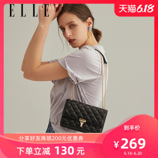 elle女包新款斜挎包92113时尚小香风菱格纹链条包腋下包单肩包bk黑色