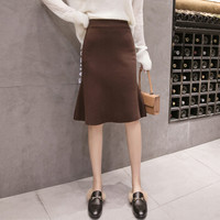 HMDIME 针织半身裙女 2019秋季新品韩版高腰毛线裙中长款A字鱼尾包臀裙 LWSH8875 咖啡色 均码