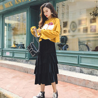 薇图 vitto 女装 2019年秋冬款ins潮味套装宽松连帽卫衣搭配金丝绒半身裙套装 HC03VT82 黄色两件套 L