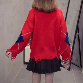 薇图 vitto 女装 2019秋季 套装舒适百搭简约可爱菱形格毛衣两件套 HC00VT56 红色（两件套） XL