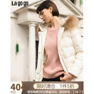 Lagogo2018冬季外套大毛领中长款米色连帽羽绒服女HCYY33XA73 米色 160/M/38