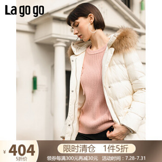 Lagogo2018冬季外套大毛领中长款米色连帽羽绒服女HCYY33XA73 米色 160/M/38