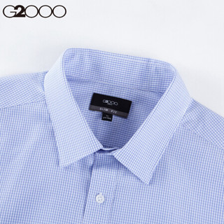 G2000男装尖领格纹短袖衬衫 修身商务格子男衬衣01045501 蓝色/62 06/185