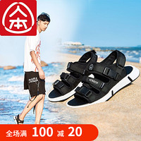 人本夏季新款运动凉鞋男低帮韩版潮流户外沙滩鞋男士露趾休闲鞋子 黑色 40