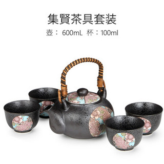 集贤-美浓烧日本进口整套茶具套装家用简约复古陶瓷喝茶茶杯套装4人 集賢一壺四杯茶具套裝