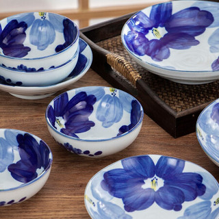 美浓烧 日本进口陶瓷 日式家用蓝染花山盘子 碗盘碟套装 简约中日式碗组合 蓝染花山碗盘8头 8件