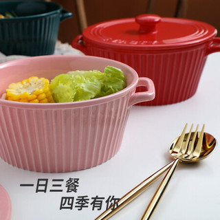 竹木本记 双耳汤碗带盖 大号泡面碗创意陶瓷汤盆家用微波炉烤箱适用 双耳7寸面碗带盖-中国红