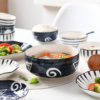 竹木本记 陶瓷饭碗家用蒸蛋碗日式大碗手绘釉下彩汤碗 小勺