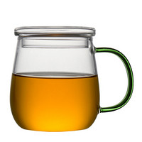 贝瑟斯 透明玻璃茶杯牛奶杯宽口玻璃杯带盖带把早餐杯喝水杯子女单层玻璃杯男绿茶杯果汁杯绿色把手