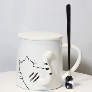 传旗 日式陶瓷马克杯350ml带盖带勺套装 学生牛奶杯子可爱咖啡杯早餐杯情侣水杯 创意猫咪尾巴C款