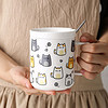 传旗 韩式陶瓷马克杯350ml带盖带勺套装 卡通咖啡杯学生水杯牛奶杯子早餐杯 创意猫咪B款