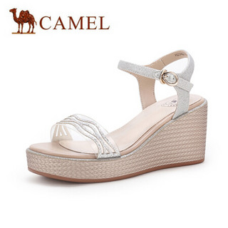 骆驼（CAMEL） 女鞋 百搭舒适烫钻几何线条坡跟软底凉鞋 A025046271 银色 37