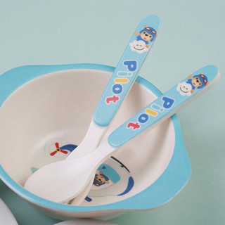 希尔（SHALL）儿童餐具套装 竹纤维宝宝辅食碗杯子叉子勺子卡通飞机5件套 KT6626