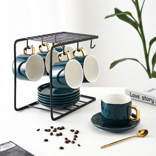 Edo  咖啡杯欧式咖啡杯套装茶具陶瓷杯子水杯轻奢金边杯碟创意办公室家用 绿杯（含杯垫+勺） 370ml