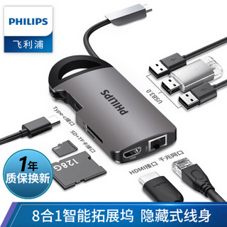 PHILIPS 飞利浦 Type-C扩展坞苹果macbook雷电3华为笔记本手机投屏hdmi转接器分线器PD网口读卡USBCiPadPro拓展坞 八合一