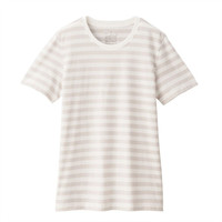 無印良品 MUJI 無印良品 女式 印度棉天竺编织 圆领短袖T恤 浅银灰色X条纹 M
