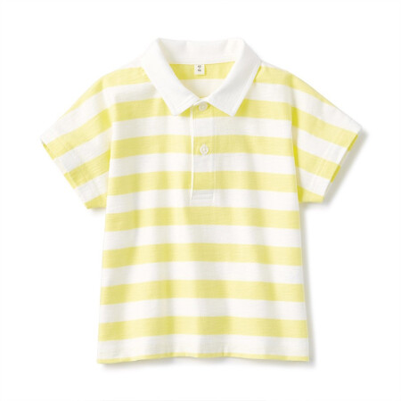 无印良品 MUJI 婴儿 粗细不均棉线 天竺编织 宽版POLO衫 纯棉 浅黄色X横条 110