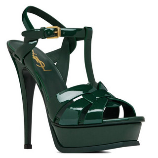 YSL圣罗兰女士时尚凉鞋深绿色漆皮高跟鞋交叉式鞋带可调式踝带527524B8I003030 38.5