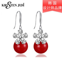 KRISTEN JUDI 红色珍珠耳环长款S925银针耳钉女本命年花朵耳坠耳饰品送女朋友老婆妈妈礼物 红色珍珠