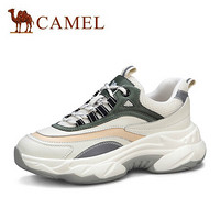 骆驼（CAMEL） 女士 时尚炫酷荧光条拼接厚底系带老爹鞋 A01500606 米/绿 39