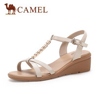 骆驼（CAMEL） 女鞋 简约大方牛皮金属装饰丁字扣带中跟凉鞋 A025046270 米色 37