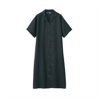 無印良品 MUJI 無印良品  女式 法国亚麻水洗 五分袖开襟连衣裙 黑色 M-L