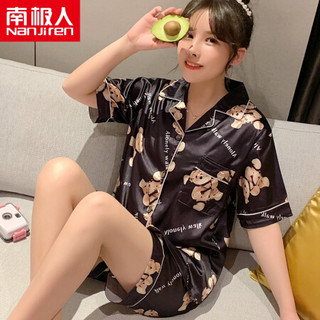 南极人冰丝睡衣女士仿真丝性感睡衣甜美可爱翻领开衫家居服短袖套装橄榄黑泰迪熊M