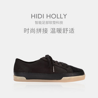 Clarks其乐女鞋Hidi Holly英伦休闲运动拼接牛皮橡胶底绑带板鞋平底单鞋女 黑色拼色 36