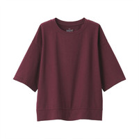 無印良品 MUJI 無印良品  女式 粗细不均天竺编织 五分袖T恤 深紫红色 XS-S