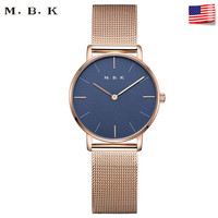 MBK【新品】美国品牌进口手表女时尚简约石英表学生表文艺小表盘防水钢带女表 玫瑰金蓝面钢带