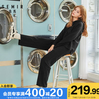 森马 Semir针织套装女冬季新款连帽套头卫衣高腰直筒裤子黑色两件套
