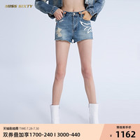 Miss Sixty夏季天使之翼印花纯棉热裤宽松阔腿毛边破洞牛仔短裤女